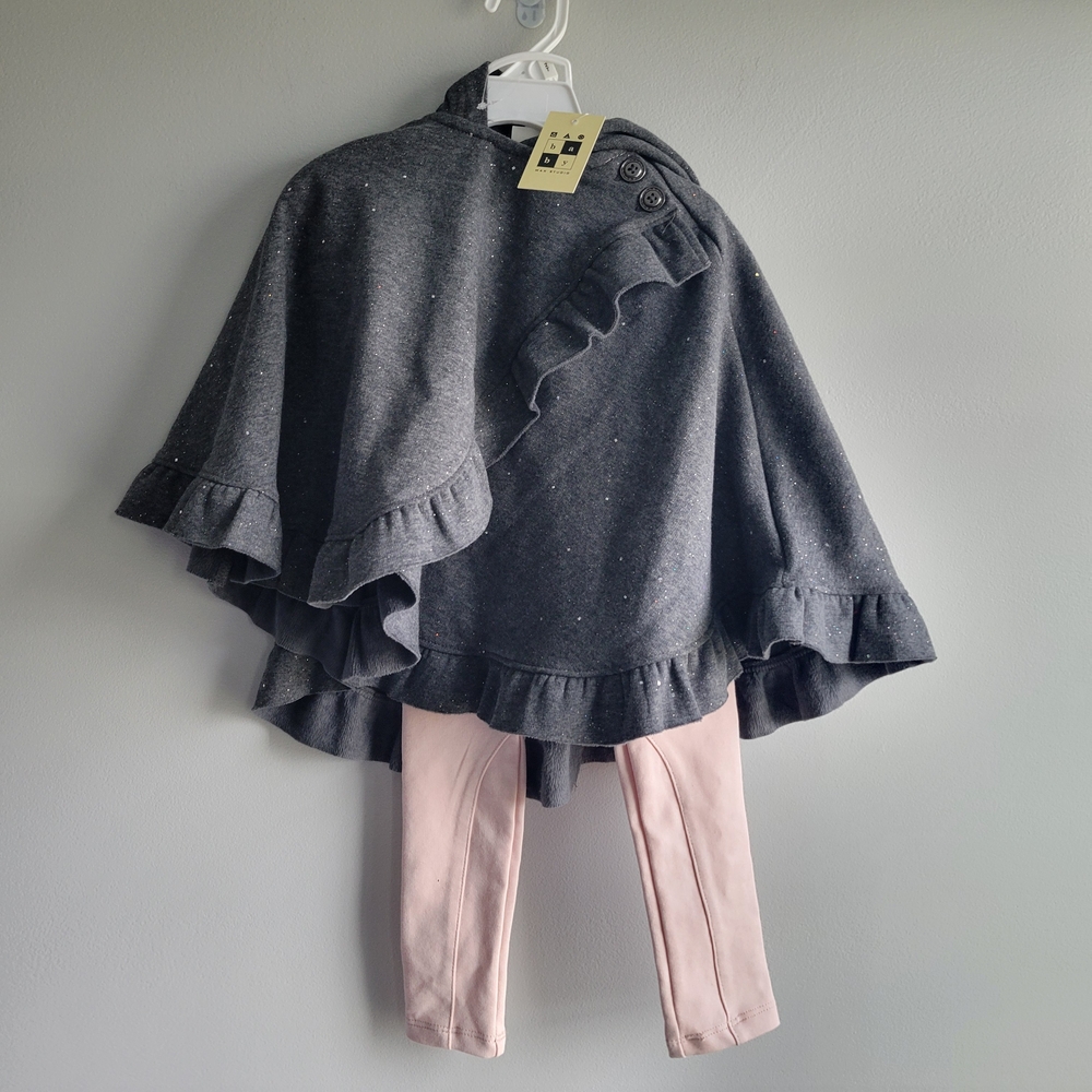 Max Studio Baby Girl Toddler 2T Shawl Cape Hoodie Jacket with Glitter & Leggings